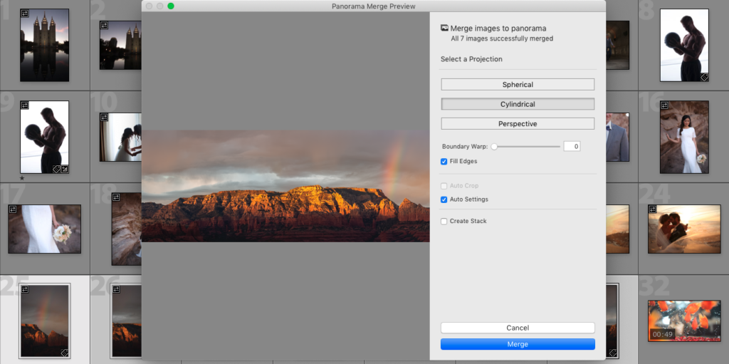 Selecting a cylindrical projection in Lightroom