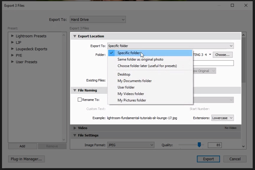 Choose a specific folder in export dialogue box in Lightroom