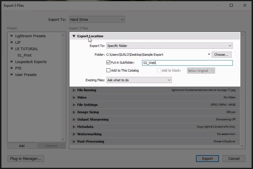 Export Sub Folder in Lightroom Export Dialogue Box