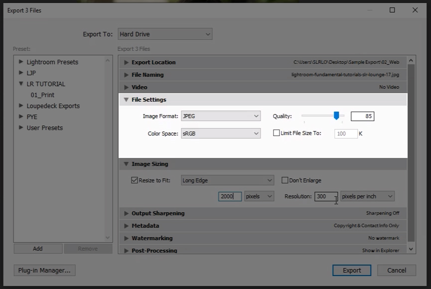 Lightroom export file settings for instagram and facebook