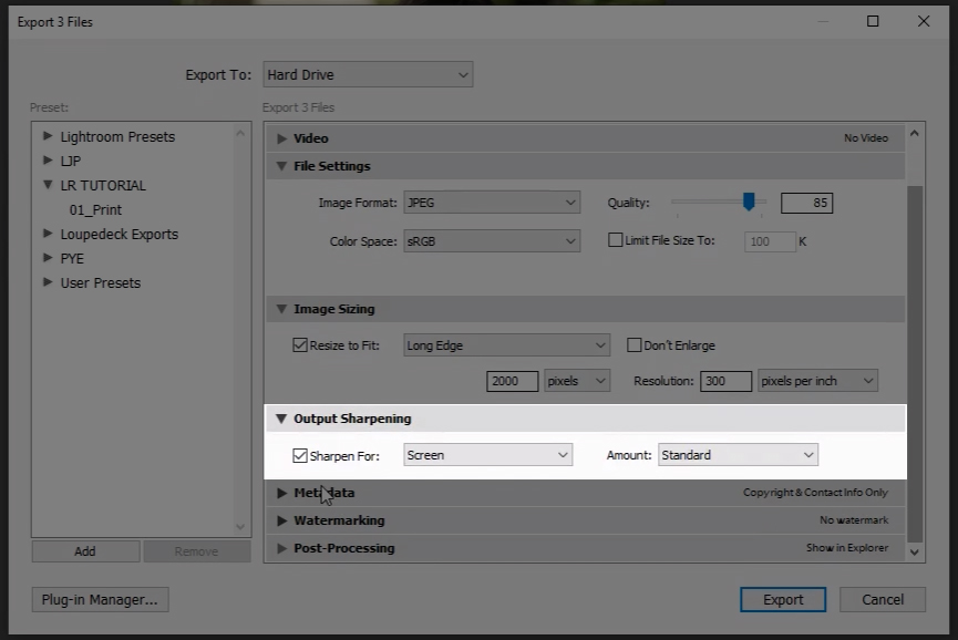 Output sharpening option for exporting to Instagram and Facebook from Lightroom