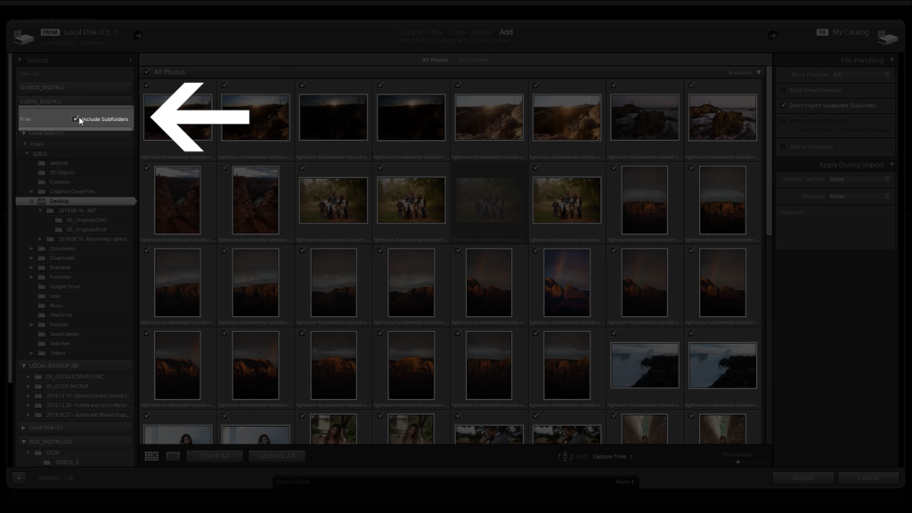 Be aware of the Include Subfolders checkbox in the Source Panel in Lightroom