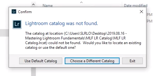 Lightroom dialog for missing catalog