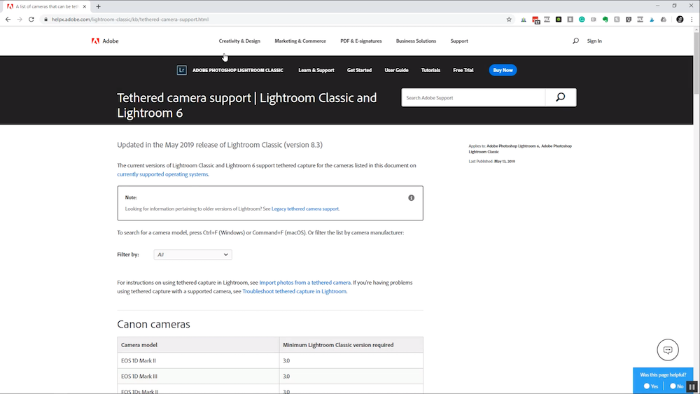 Tethered camera support list on the Adobe website