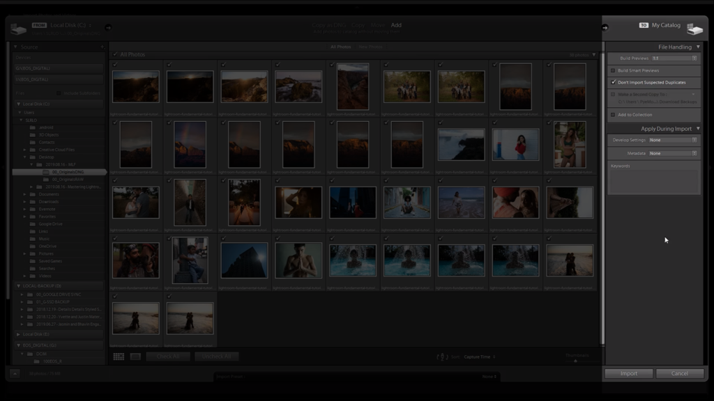 The File Handling panel can be found on the right side of the Import Dialog box in Lightroom