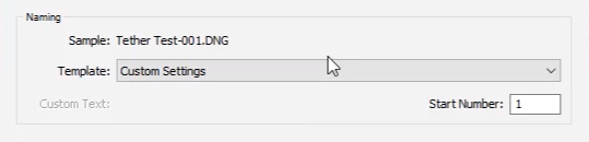 change naming settings for tethered capture in Lightroom