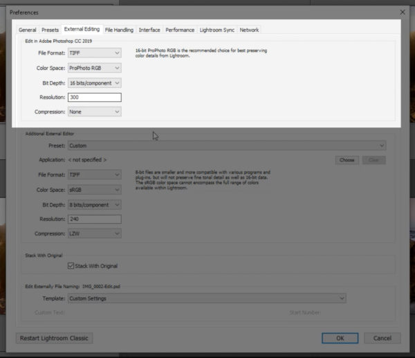 External Editing tab in the Lightroom Preferences dialog box