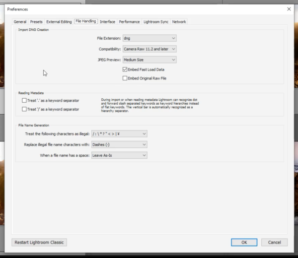 File handling tab in the Lightroom preferences dialog box