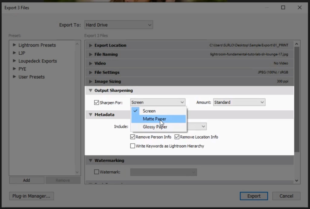 Lightroom best export settings for print sharpening paper matte glossy screen copy 04