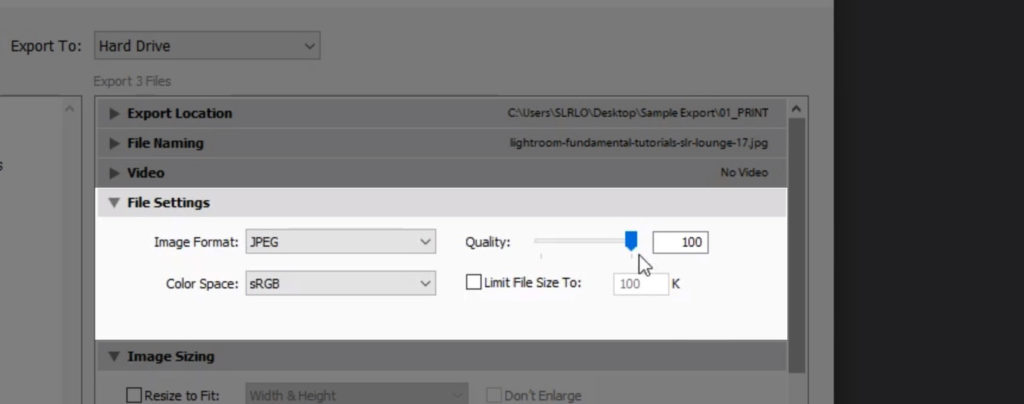 Configurando o Lightroomexport para imprimir com qualidade de cópia JPG 11