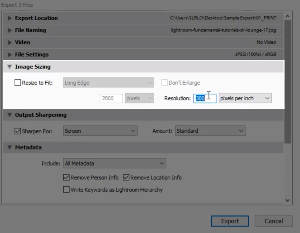 Lightroomexport settings for print image size resolution megapixels dimensions copy 09