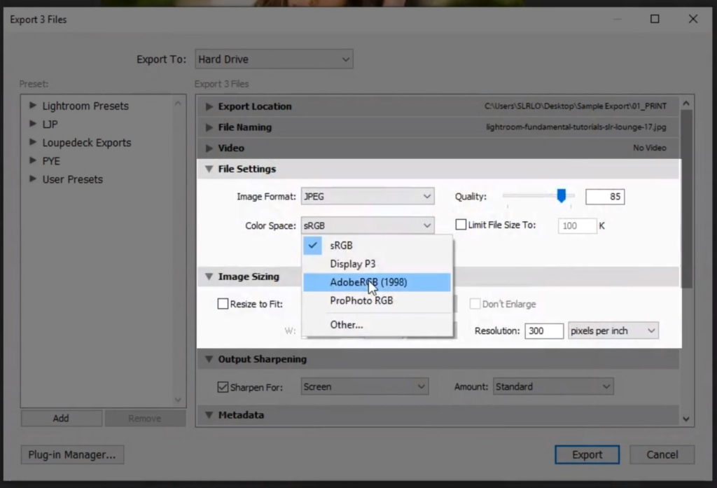 Configurando o Lightroomexport para imprimir sRGB vs Adobe RGB 13
