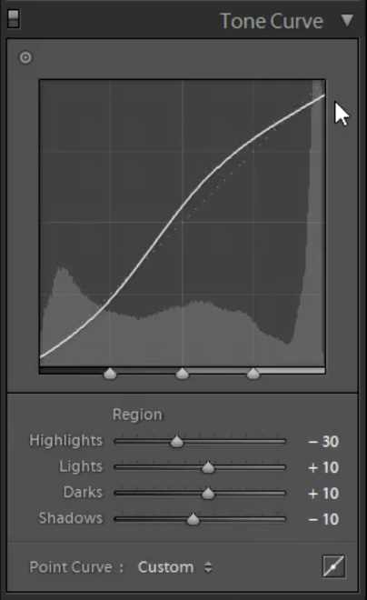 Add tone curve and adjust regions when creating hardlight preset in Lightroom